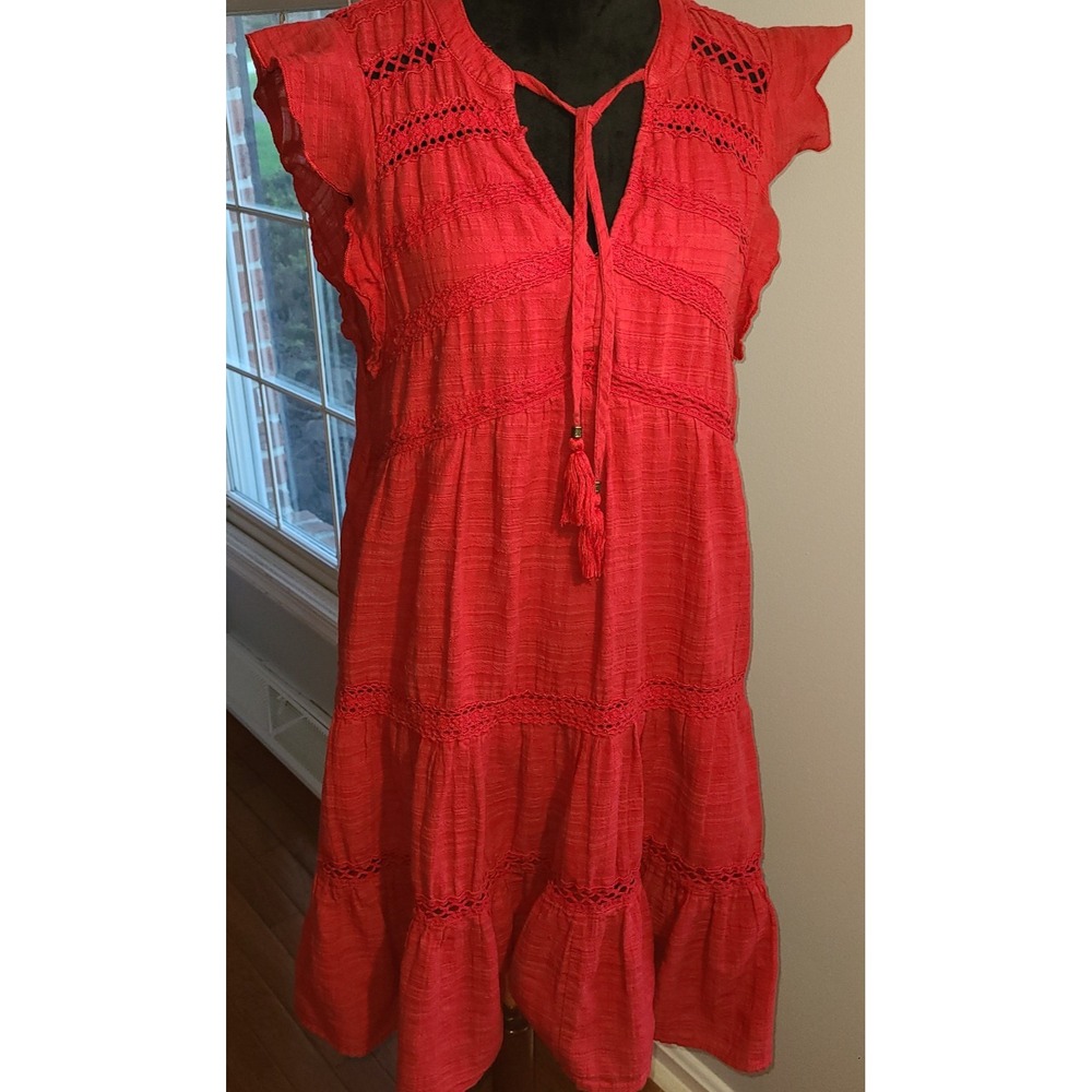 Knox Rose Cotton Red Embroidered Cap Sleeve V-Neck Tiered Smock Dress Small BoHo